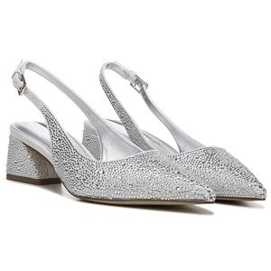 NEW Franco Sarto Racer Rhinestone Slingback Silver Block Heels Size 5